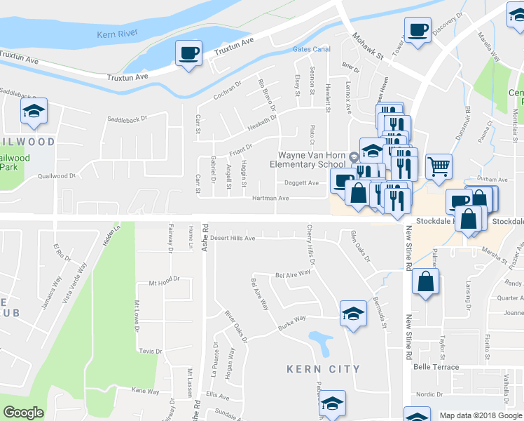 map of restaurants, bars, coffee shops, grocery stores, and more near 6009 Hartman Avenue in Bakersfield