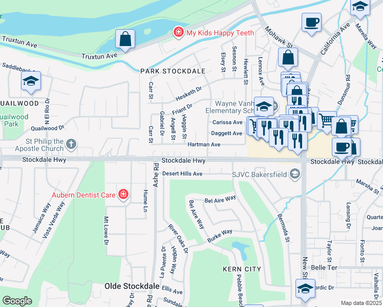 map of restaurants, bars, coffee shops, grocery stores, and more near 6009 Hartman Avenue in Bakersfield