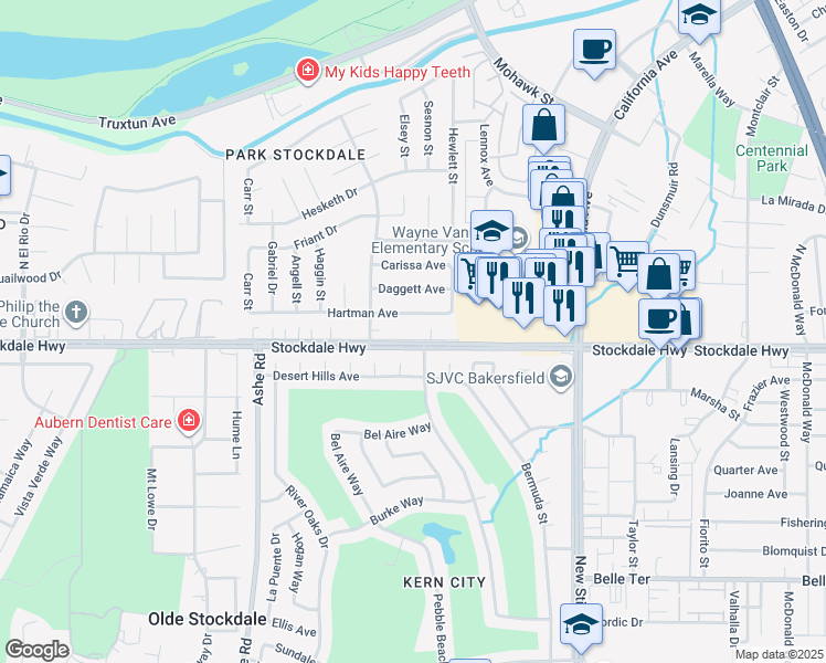 map of restaurants, bars, coffee shops, grocery stores, and more near 5904 Stockdale Highway in Bakersfield