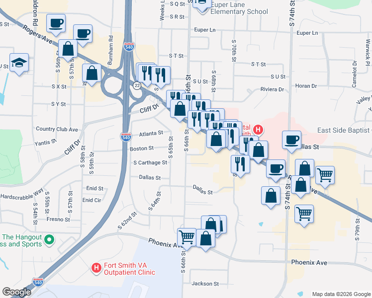 map of restaurants, bars, coffee shops, grocery stores, and more near 2817 South 65th Street in Fort Smith