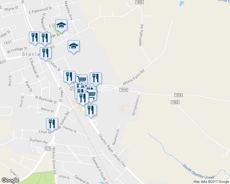 map of restaurants, bars, coffee shops, grocery stores, and more near 502 Old Mount Holly Road in Stanley