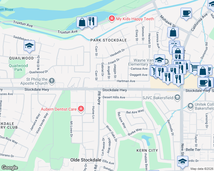 map of restaurants, bars, coffee shops, grocery stores, and more near 6312 Stockdale Highway in Bakersfield