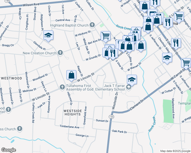map of restaurants, bars, coffee shops, grocery stores, and more near 200 Fleming Street in Tullahoma