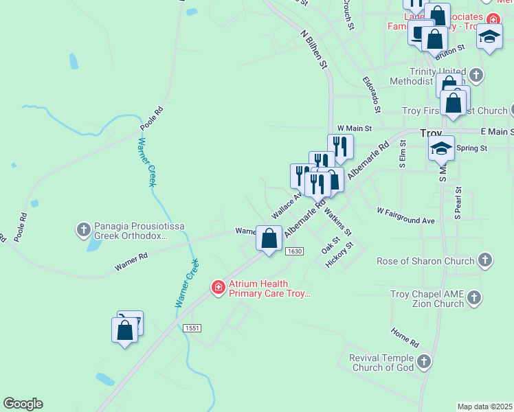 map of restaurants, bars, coffee shops, grocery stores, and more near 832 H R Holt Circle in Troy