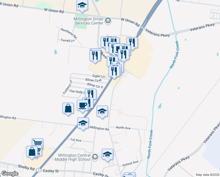 map of restaurants, bars, coffee shops, grocery stores, and more near 8372 Tennessee 3 in Millington