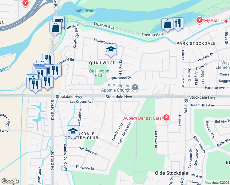 map of restaurants, bars, coffee shops, grocery stores, and more near 7300 Stockdale Highway in Bakersfield