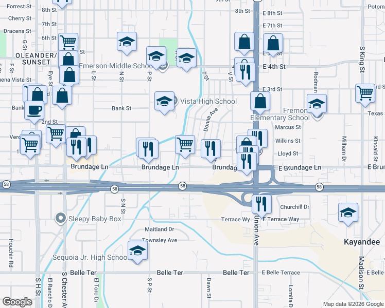 map of restaurants, bars, coffee shops, grocery stores, and more near 441 1st Street in Bakersfield