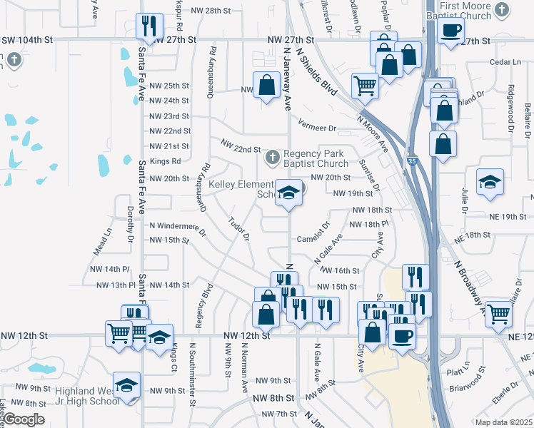 map of restaurants, bars, coffee shops, grocery stores, and more near 818 Saint George Circle in Moore