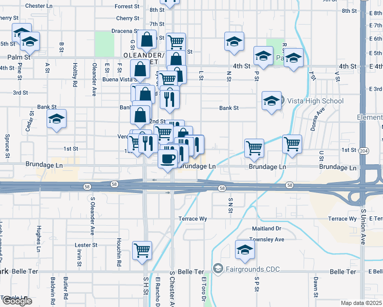 map of restaurants, bars, coffee shops, grocery stores, and more near 1319 1st Street in Bakersfield