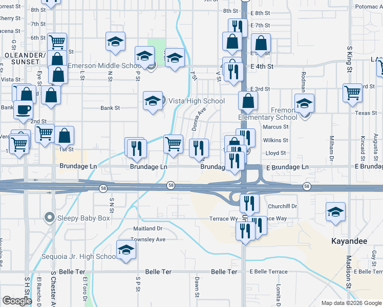 map of restaurants, bars, coffee shops, grocery stores, and more near 413 1st Street in Bakersfield