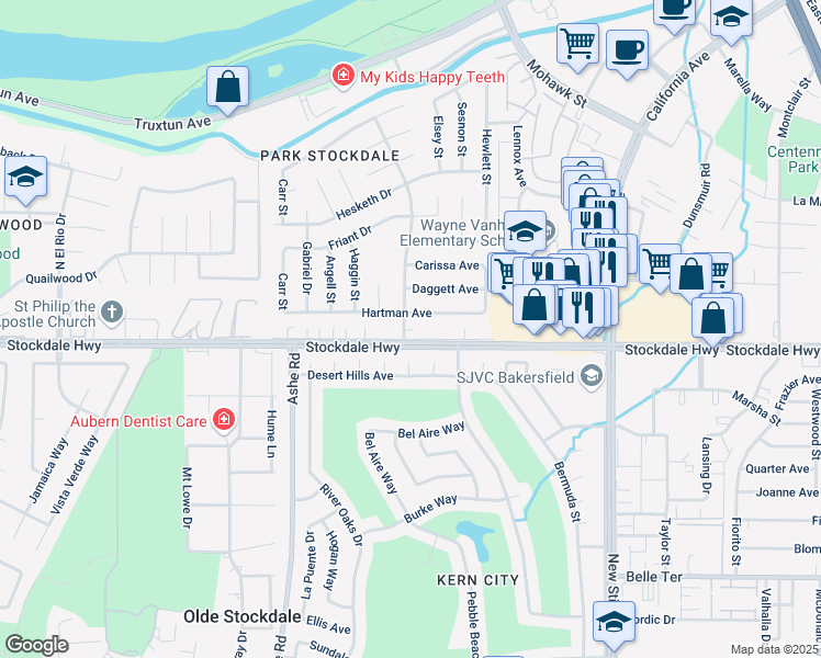 map of restaurants, bars, coffee shops, grocery stores, and more near 5909 Hartman Avenue in Bakersfield