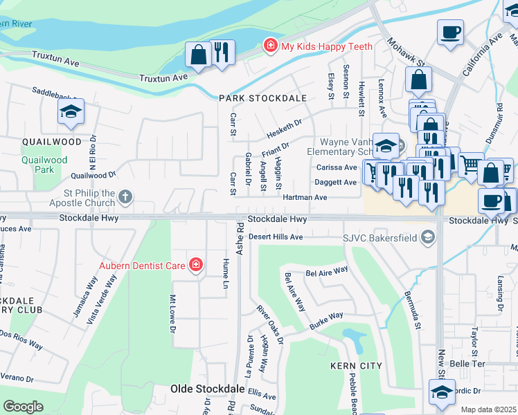 map of restaurants, bars, coffee shops, grocery stores, and more near 6313 Hartman Avenue in Bakersfield