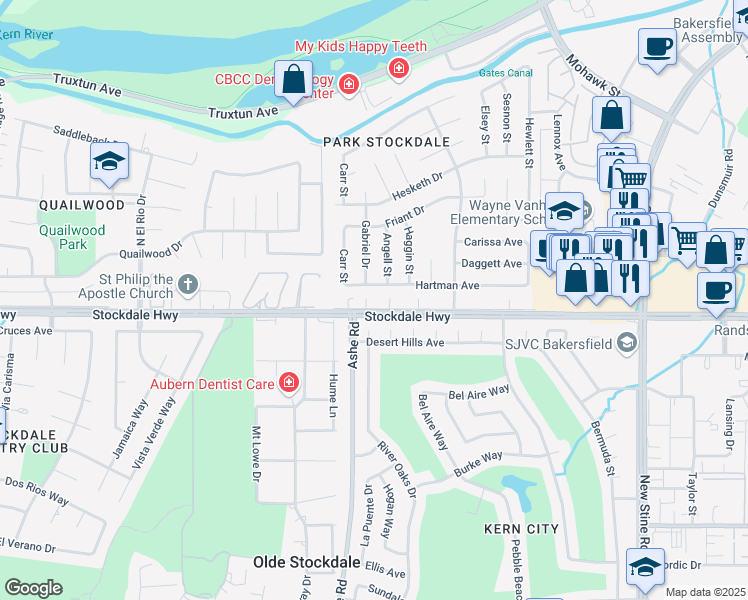 map of restaurants, bars, coffee shops, grocery stores, and more near 6313 Hartman Avenue in Bakersfield