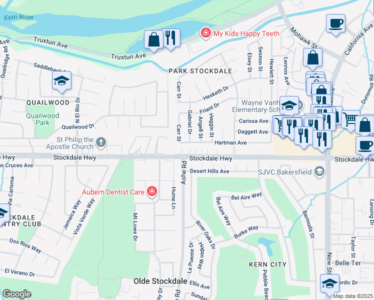 map of restaurants, bars, coffee shops, grocery stores, and more near 6313 Hartman Avenue in Bakersfield