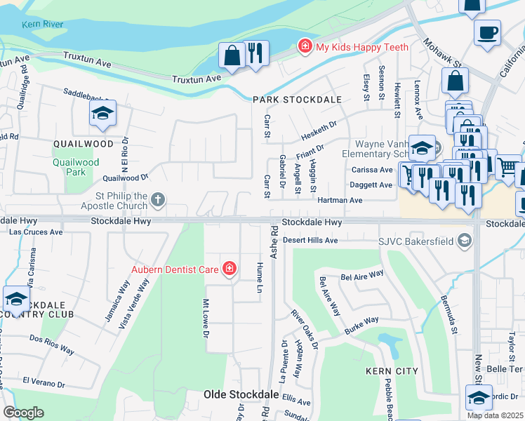 map of restaurants, bars, coffee shops, grocery stores, and more near 6436 Stockdale Highway in Bakersfield