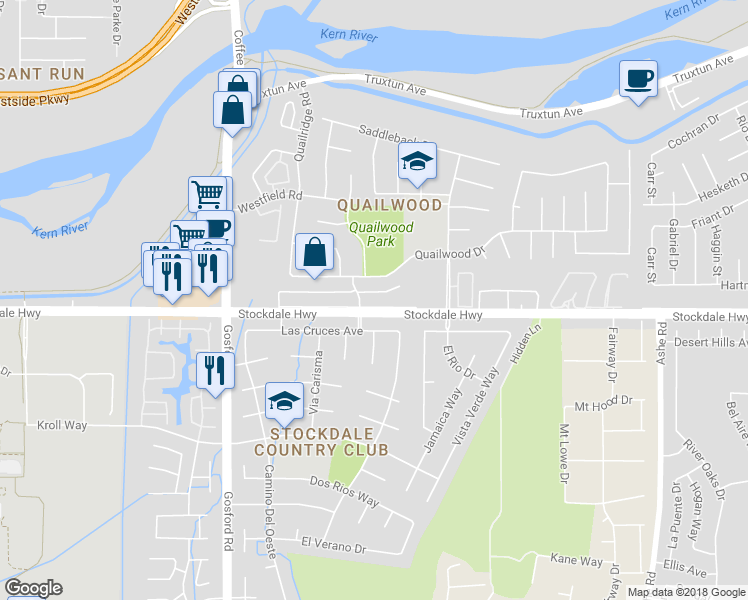 map of restaurants, bars, coffee shops, grocery stores, and more near 7409 Quailwood Drive in Bakersfield