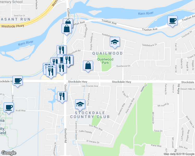map of restaurants, bars, coffee shops, grocery stores, and more near 7409 Quailwood Drive in Bakersfield