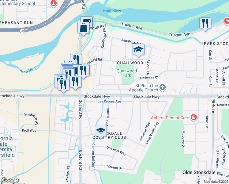 map of restaurants, bars, coffee shops, grocery stores, and more near 7600 Stockdale Highway in Bakersfield