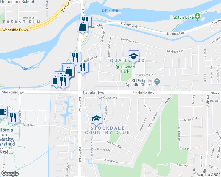 map of restaurants, bars, coffee shops, grocery stores, and more near 7600 Stockdale Highway in Bakersfield