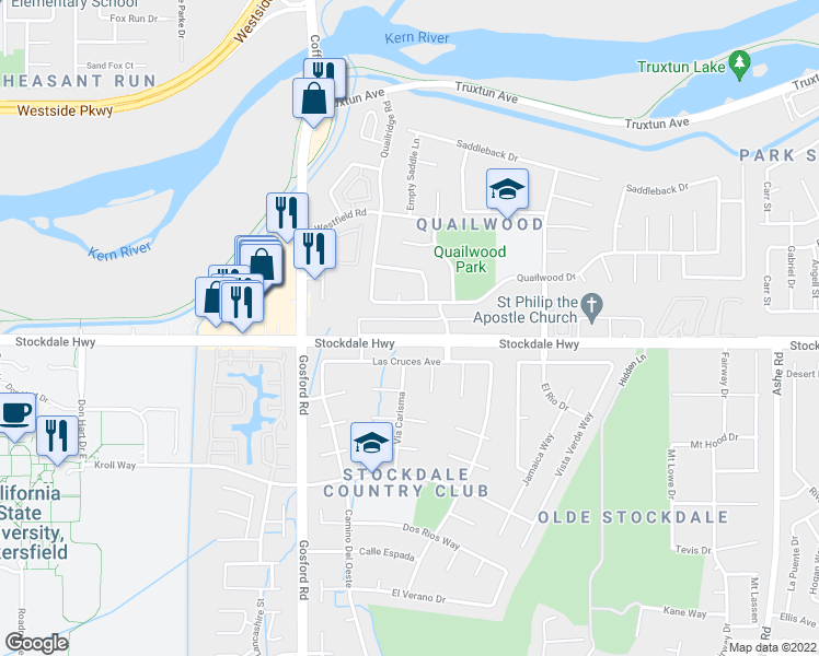 map of restaurants, bars, coffee shops, grocery stores, and more near 7600 Stockdale Highway in Bakersfield
