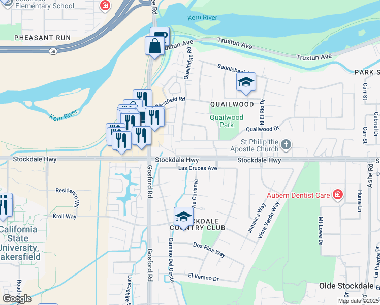 map of restaurants, bars, coffee shops, grocery stores, and more near 7708 Stockdale Highway in Bakersfield