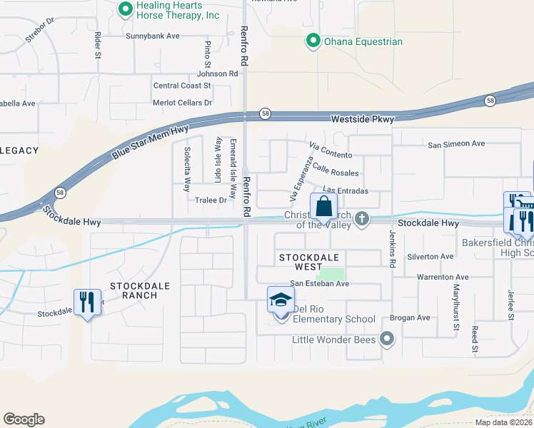 map of restaurants, bars, coffee shops, grocery stores, and more near 14307 Via La Merced in Bakersfield
