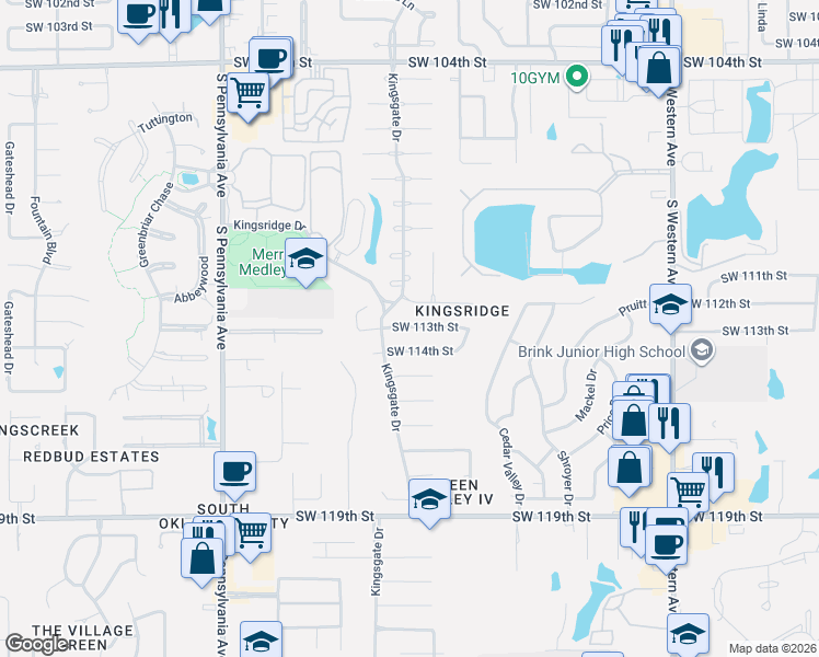 map of restaurants, bars, coffee shops, grocery stores, and more near 1313 Southwest 113th Street in Oklahoma City