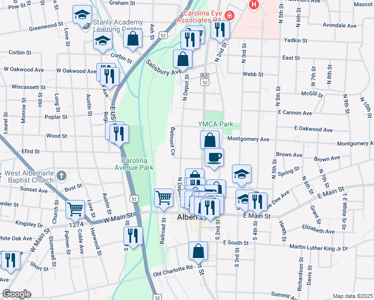 map of restaurants, bars, coffee shops, grocery stores, and more near 316 North Depot Street in Albemarle