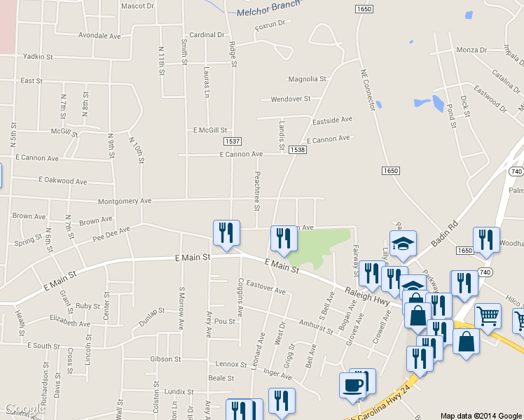 map of restaurants, bars, coffee shops, grocery stores, and more near 330 Peachtree Street in Albemarle