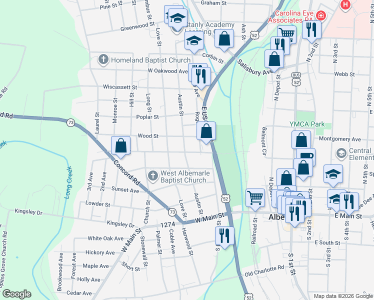 map of restaurants, bars, coffee shops, grocery stores, and more near 732 Efird Street in Albemarle