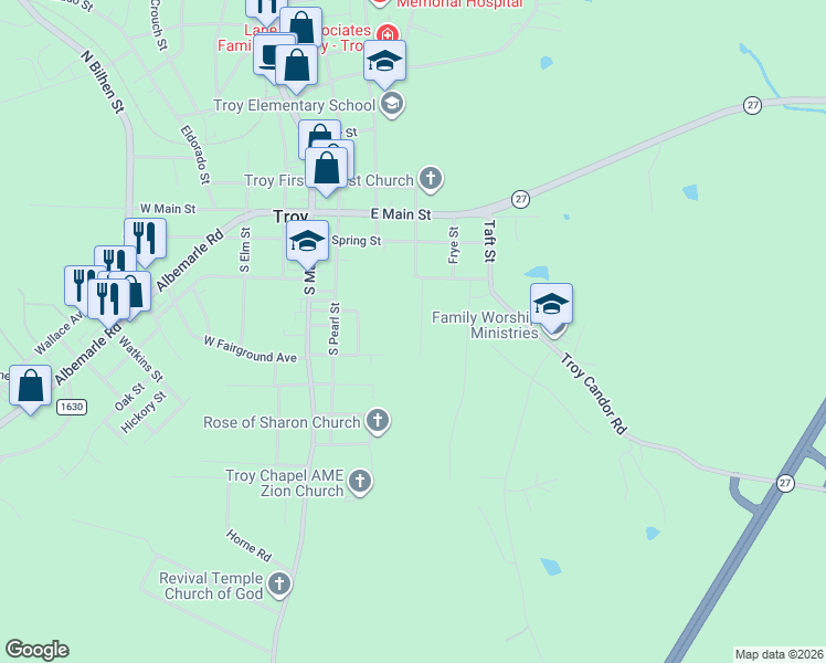 map of restaurants, bars, coffee shops, grocery stores, and more near 320 South Lineberry Street in Troy