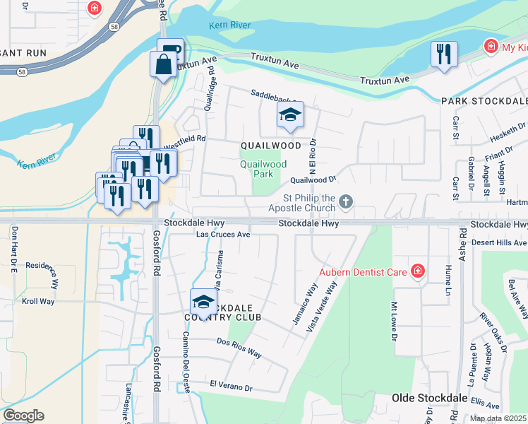 map of restaurants, bars, coffee shops, grocery stores, and more near 7400 Stockdale Highway in Bakersfield