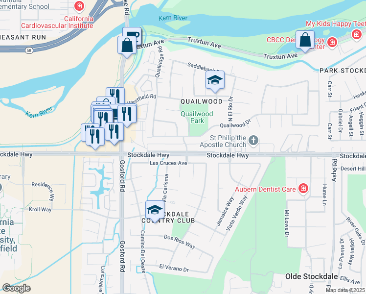 map of restaurants, bars, coffee shops, grocery stores, and more near 7500 Stockdale Highway in Bakersfield