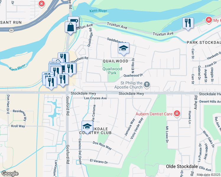 map of restaurants, bars, coffee shops, grocery stores, and more near 7404 Stockdale Highway in Bakersfield