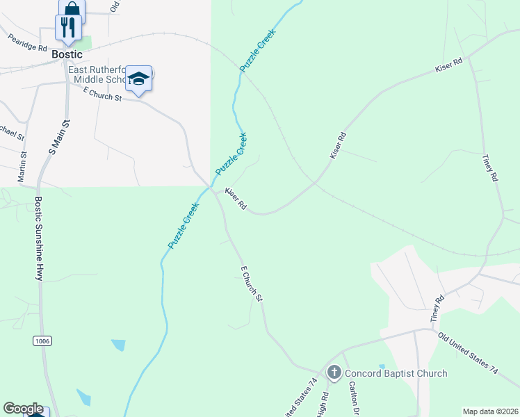 map of restaurants, bars, coffee shops, grocery stores, and more near 201 Kiser Road in Bostic