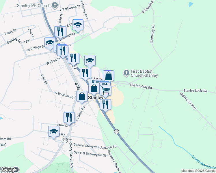 map of restaurants, bars, coffee shops, grocery stores, and more near 160 East Dallas Road in Stanley