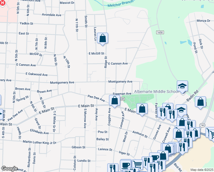 map of restaurants, bars, coffee shops, grocery stores, and more near 320 Ridge Street in Albemarle