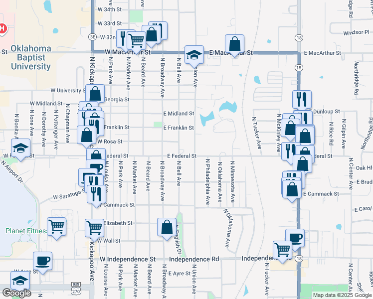 map of restaurants, bars, coffee shops, grocery stores, and more near 100 East Federal Street in Shawnee