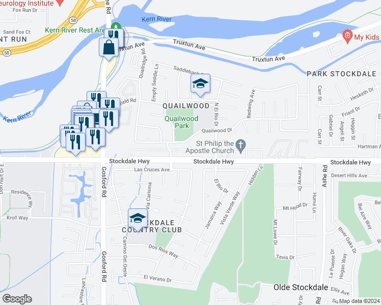 map of restaurants, bars, coffee shops, grocery stores, and more near 7338 Stockdale Highway in Bakersfield