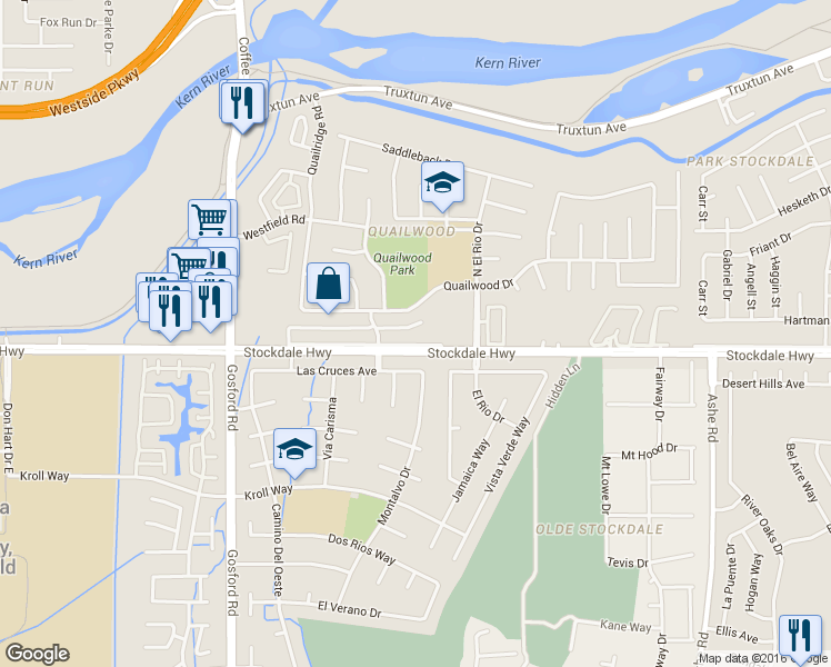 map of restaurants, bars, coffee shops, grocery stores, and more near 7338 Stockdale Highway in Bakersfield