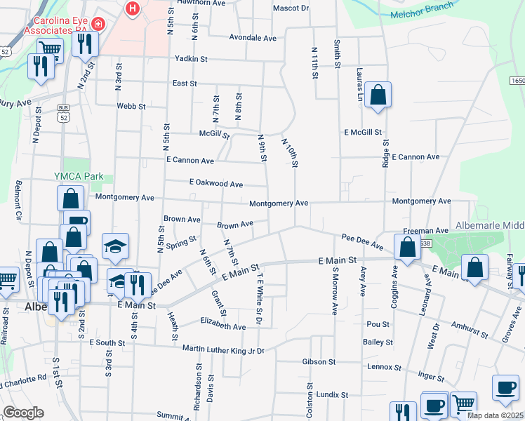 map of restaurants, bars, coffee shops, grocery stores, and more near 331 North 9th Street in Albemarle