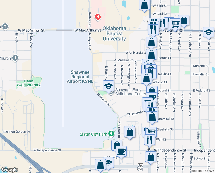 map of restaurants, bars, coffee shops, grocery stores, and more near 2005 North Bonita Avenue in Shawnee