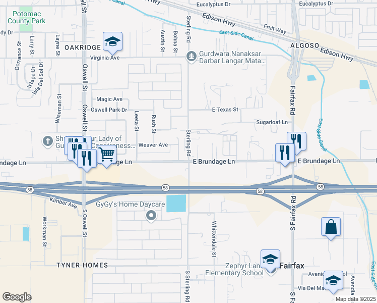 map of restaurants, bars, coffee shops, grocery stores, and more near 12 Sterling Road in Bakersfield