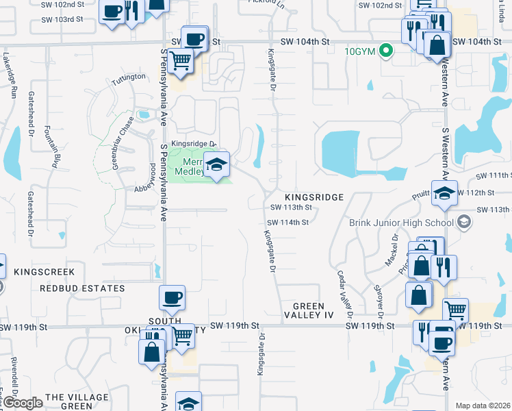 map of restaurants, bars, coffee shops, grocery stores, and more near 1405 Southwest 113th Street in Oklahoma City
