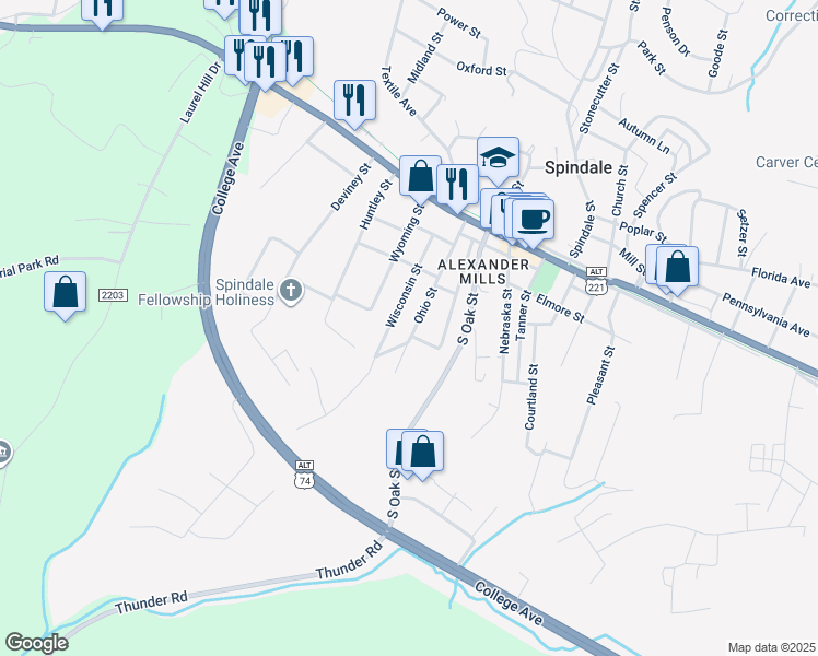map of restaurants, bars, coffee shops, grocery stores, and more near 248 Ohio Street in Spindale