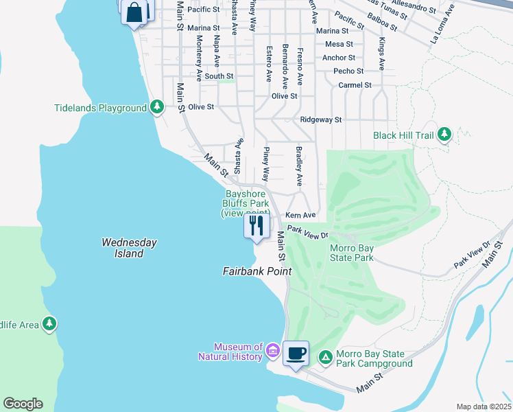 map of restaurants, bars, coffee shops, grocery stores, and more near 172 Bayshore Drive in Morro Bay