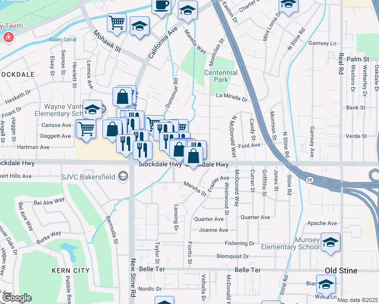 map of restaurants, bars, coffee shops, grocery stores, and more near 4800 Stockdale Hwy in Bakersfield