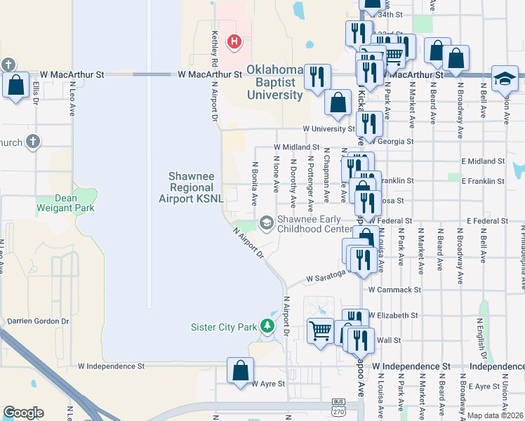 map of restaurants, bars, coffee shops, grocery stores, and more near 2005 North Bonita Avenue in Shawnee
