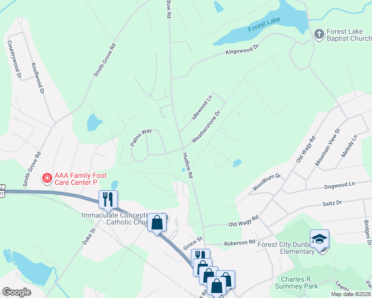 map of restaurants, bars, coffee shops, grocery stores, and more near 129 Weatherstone Drive in Forest City