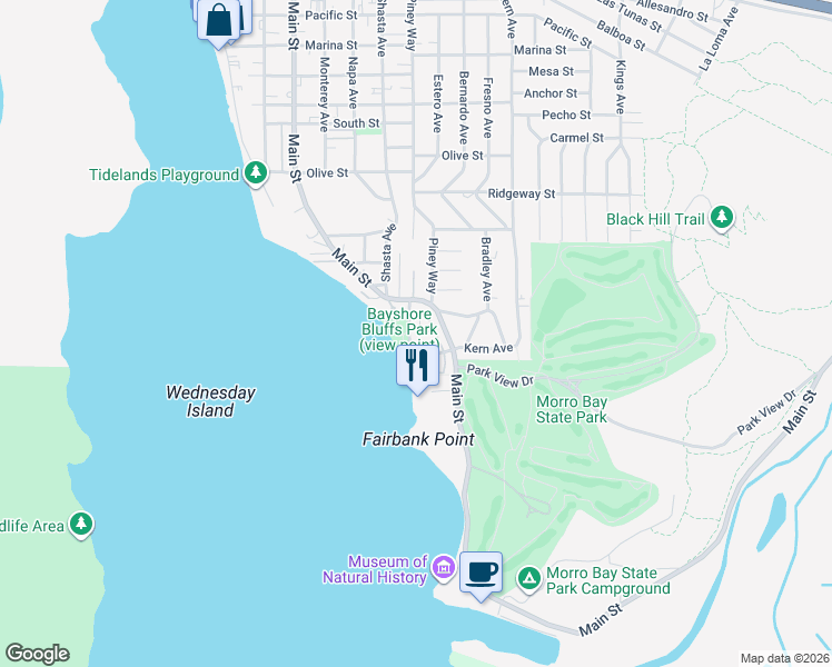 map of restaurants, bars, coffee shops, grocery stores, and more near 172 Bayshore Drive in Morro Bay